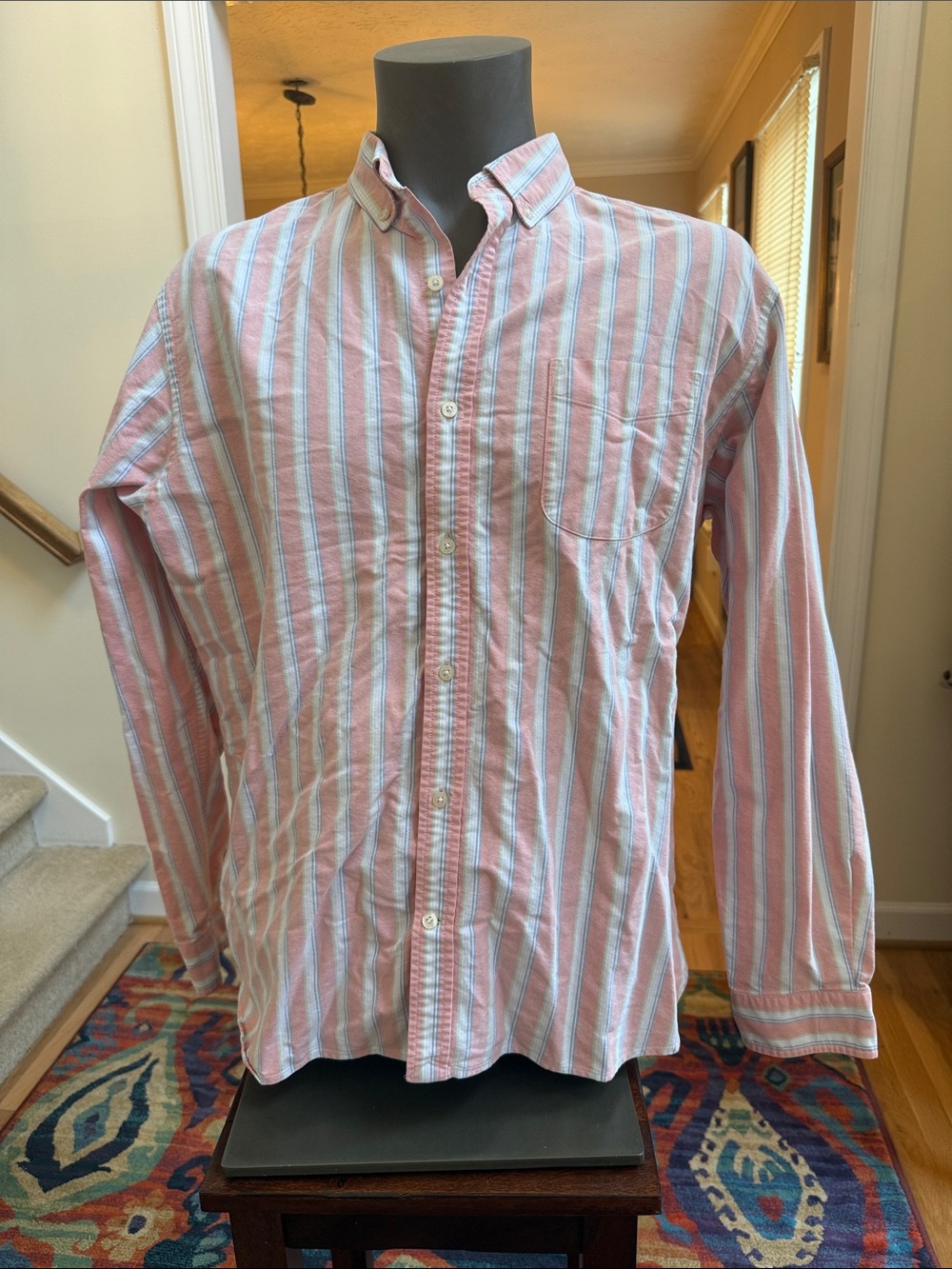 Lands' End Sail Rigger Oxford Pink Blue Green Striped Button-Down Shirt